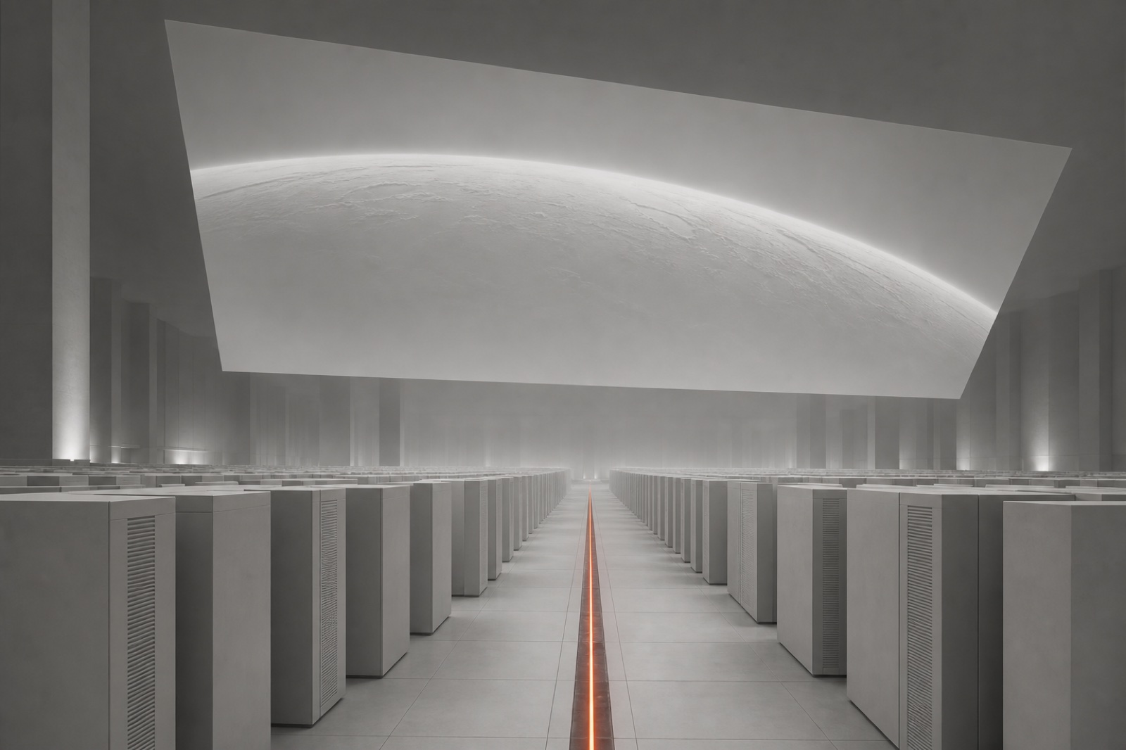 Program render of a compute hall beneath a suspended planet horizon