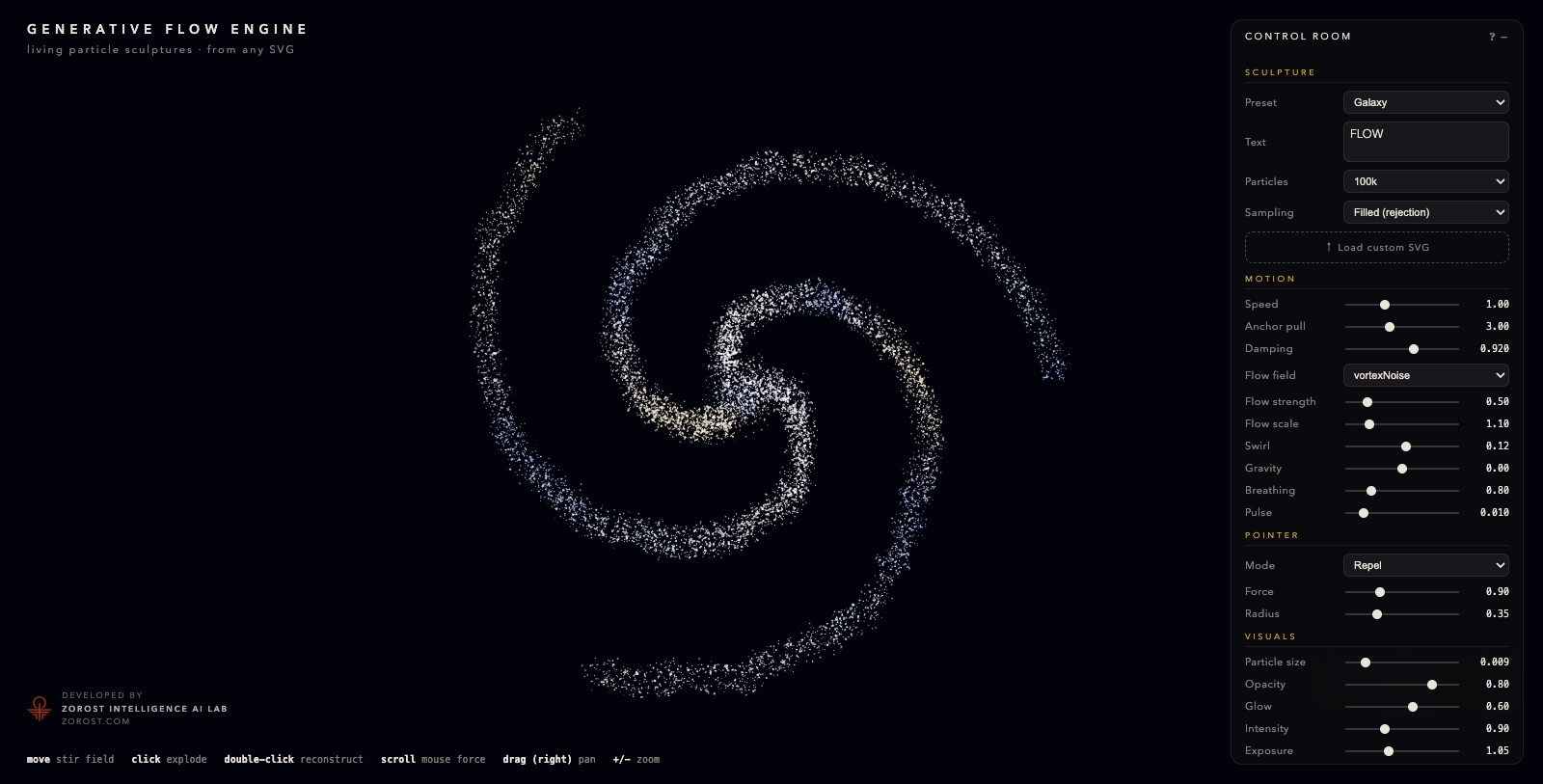 A spiral galaxy rendered as a rotating point cloud of particles