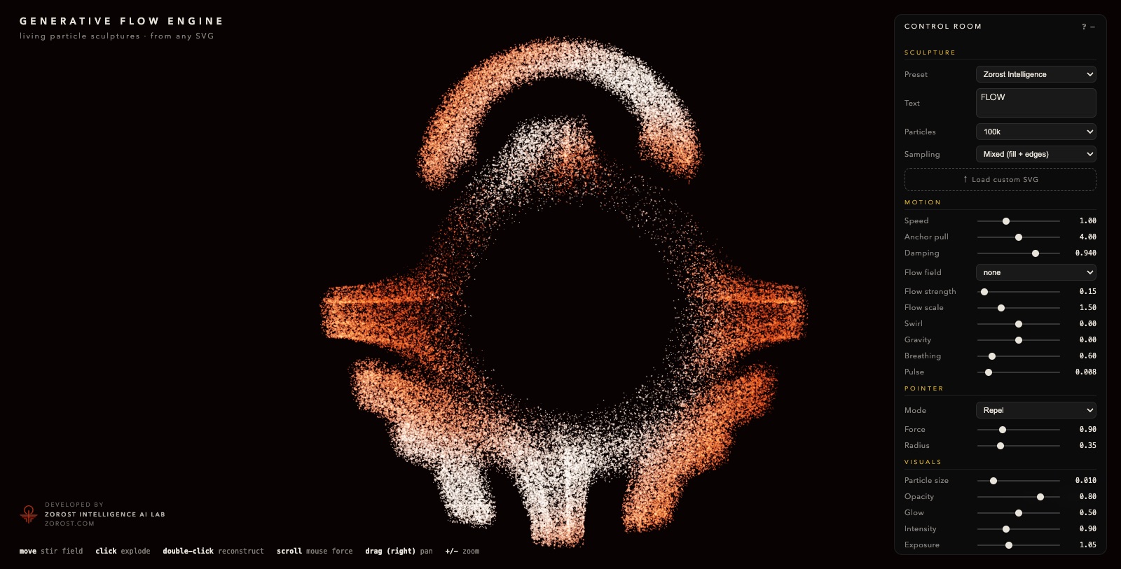 The Zorost mark mid-explosion, particles scattering in ember colors before reassembling
