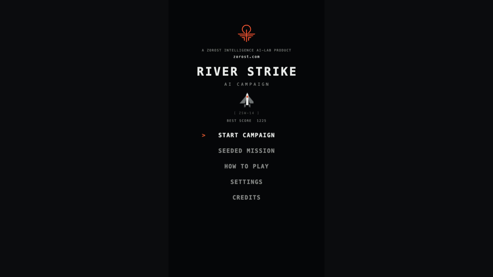 River Strike main menu with the Zorost mark, campaign options, and the mission briefing line