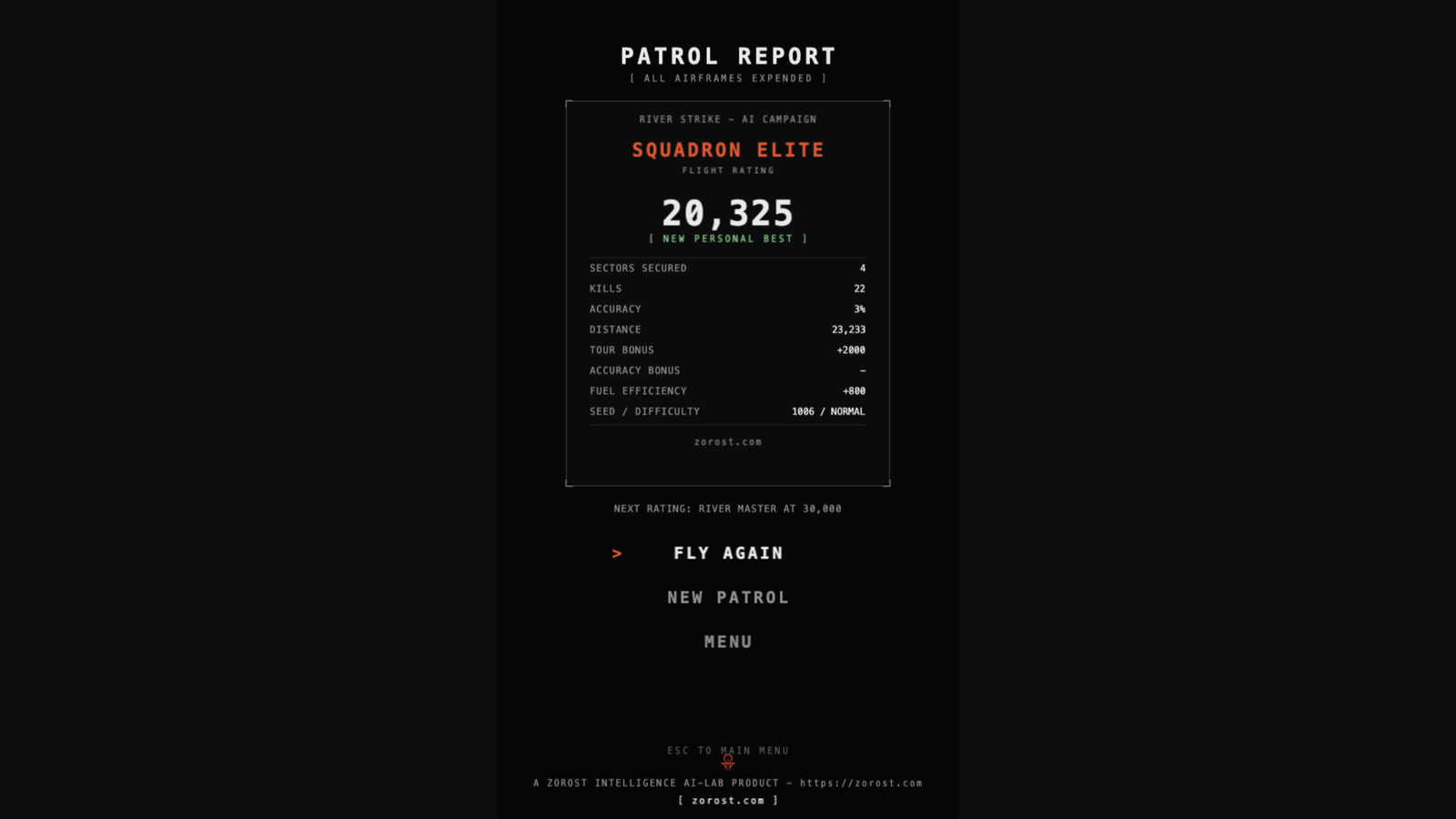The patrol report scorecard with a flight rating, score, sectors secured, accuracy, and distance
