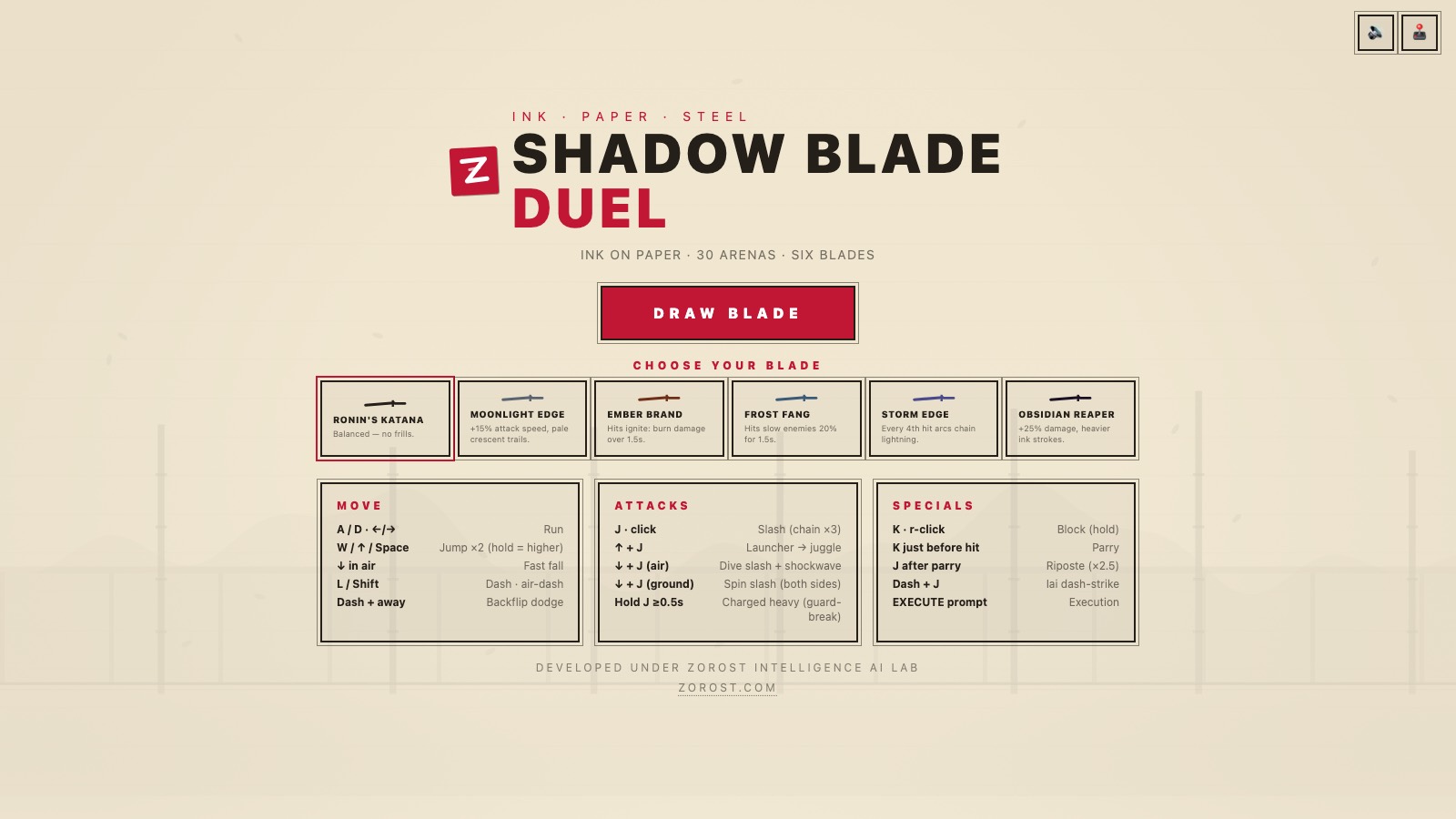 The armory screen showing six named katanas with their traits