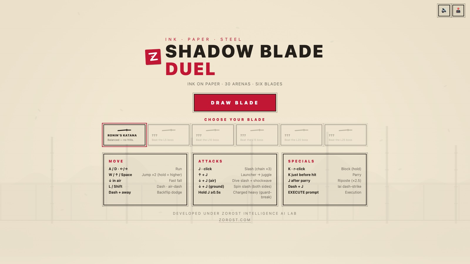Shadow Blade Duel title screen drawn as ink on notebook paper with the Zorost studio credit