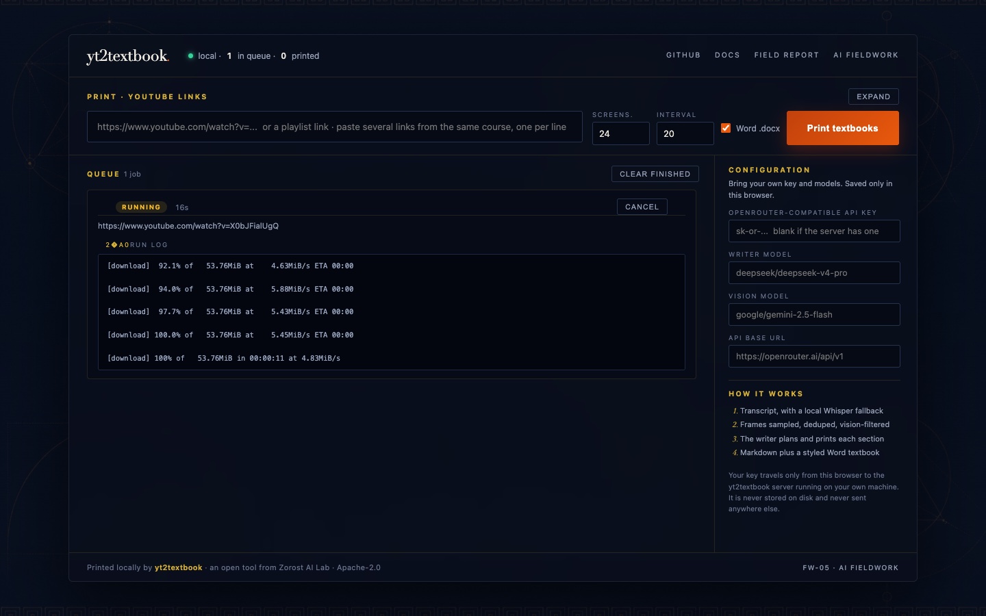 The yt2textbook console running locally: a full-width link deck, a live queue with a running job, configuration for the user's own key and models, and Greek gold line art behind