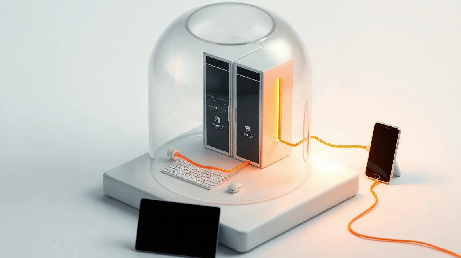 A private server room in a bell jar feeding devices outside