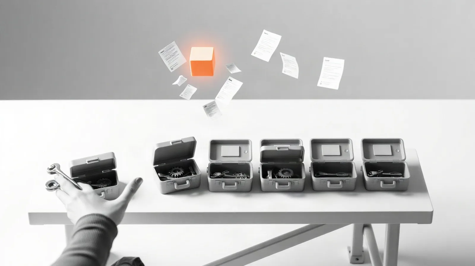 A workbench of open toolboxes with one glowing cube handed outward