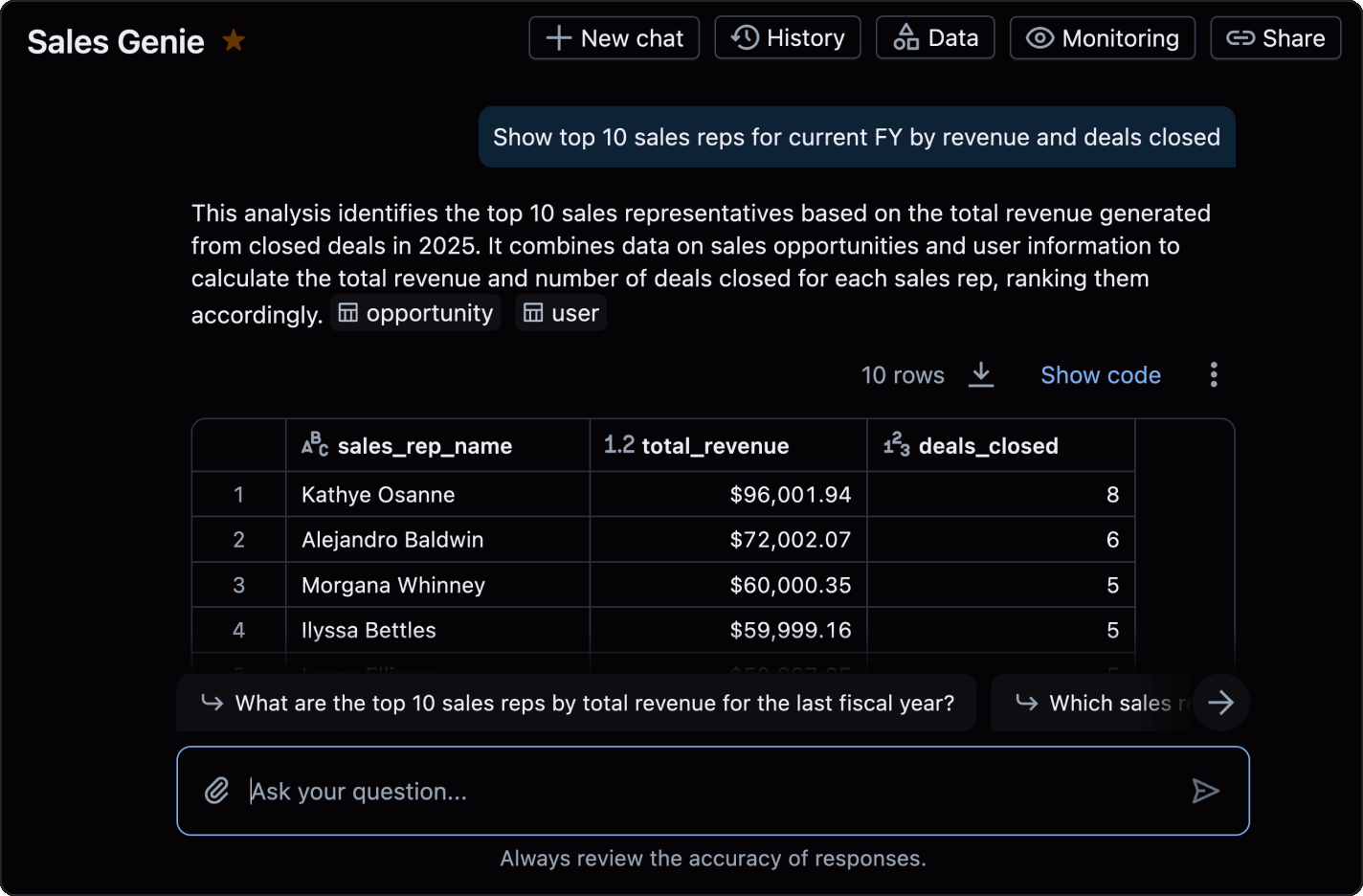 Databricks AI/BI Genie interface answering a question over governed data