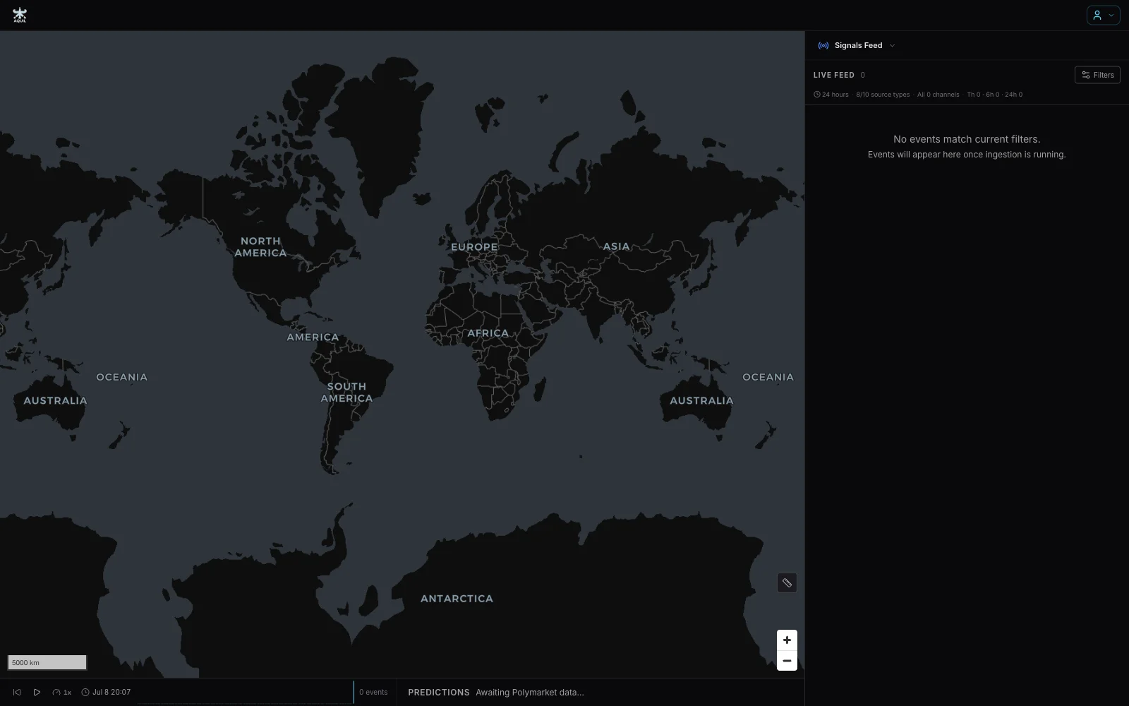 Aquil global monitoring view with signals feed panel and playback timeline