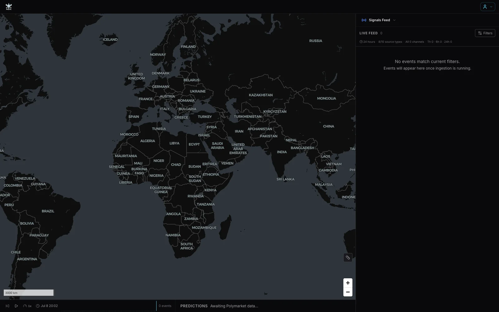 Aquil command center: live world map with signals feed and prediction ticker