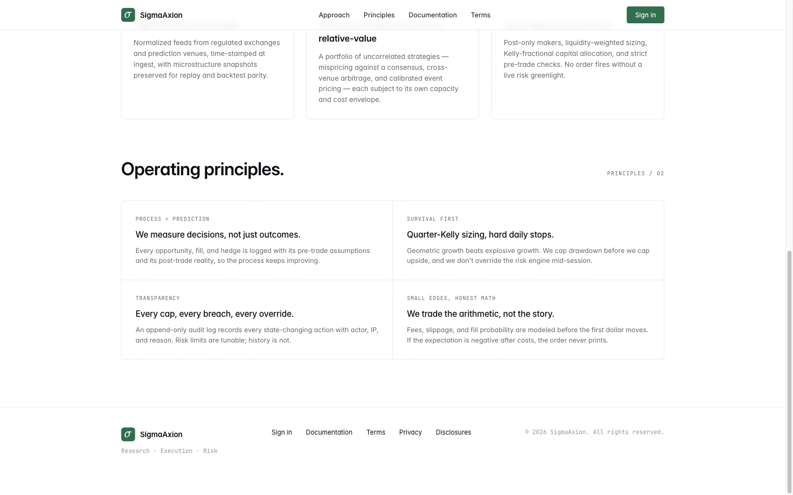 SigmaAxion operating principles: process over prediction, survival first, transparency, honest math