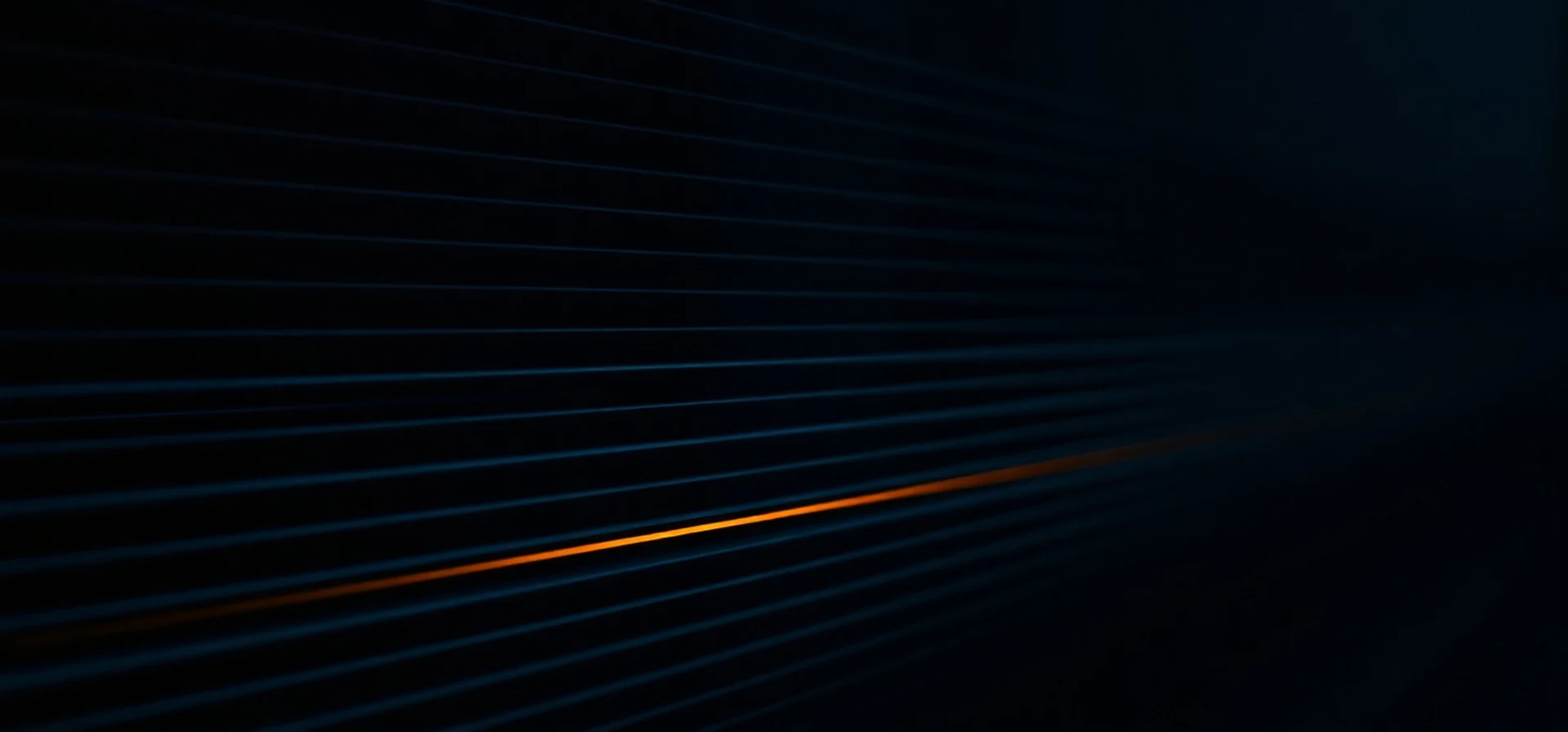 Abstract dark navy band of evenly spaced thin rules receding into depth, with a single warm orange line running through them.